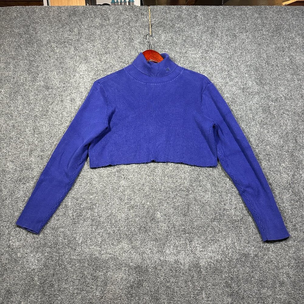 Lauren Ralph Lauren Sweater Women XL Blue  Cotton Turtleneck Logo Cut Off Crop